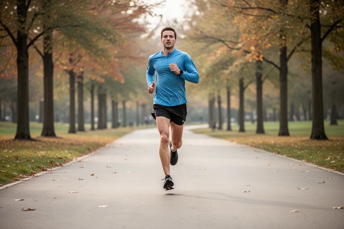 Un corridore percorre chilometri leggeri su un sentiero asfaltato nella fresca luce del mattino