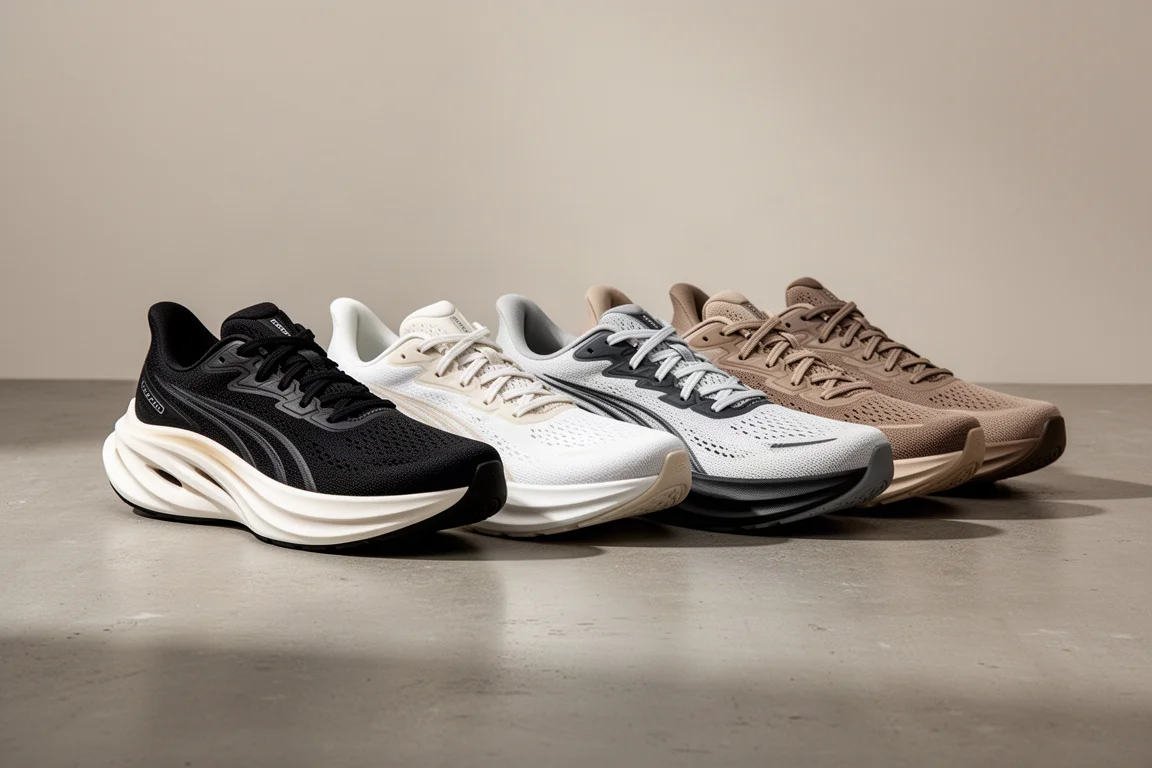 Six max-cushion running shoes lined up on a matte concrete surface