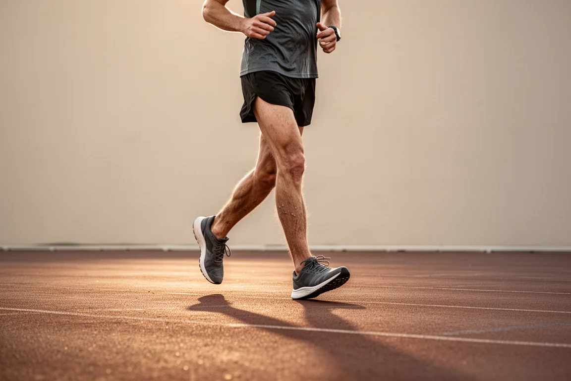 Läufer geht auf weichem Schaumstoff-Track um müde Beine nach einem langen Lauf zu lockern