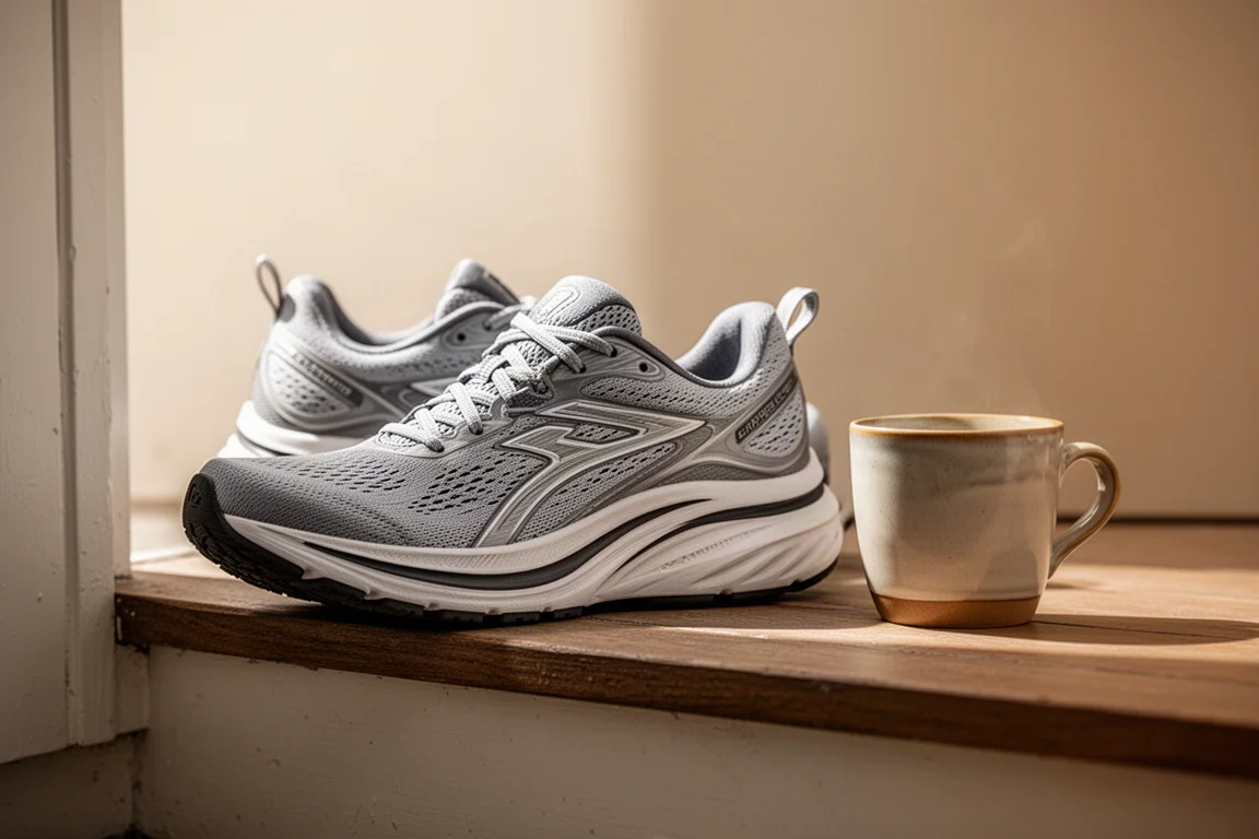 Gedämpfter Laufschuh ruht auf einer Holzschwelle neben einer Tasse Kaffee