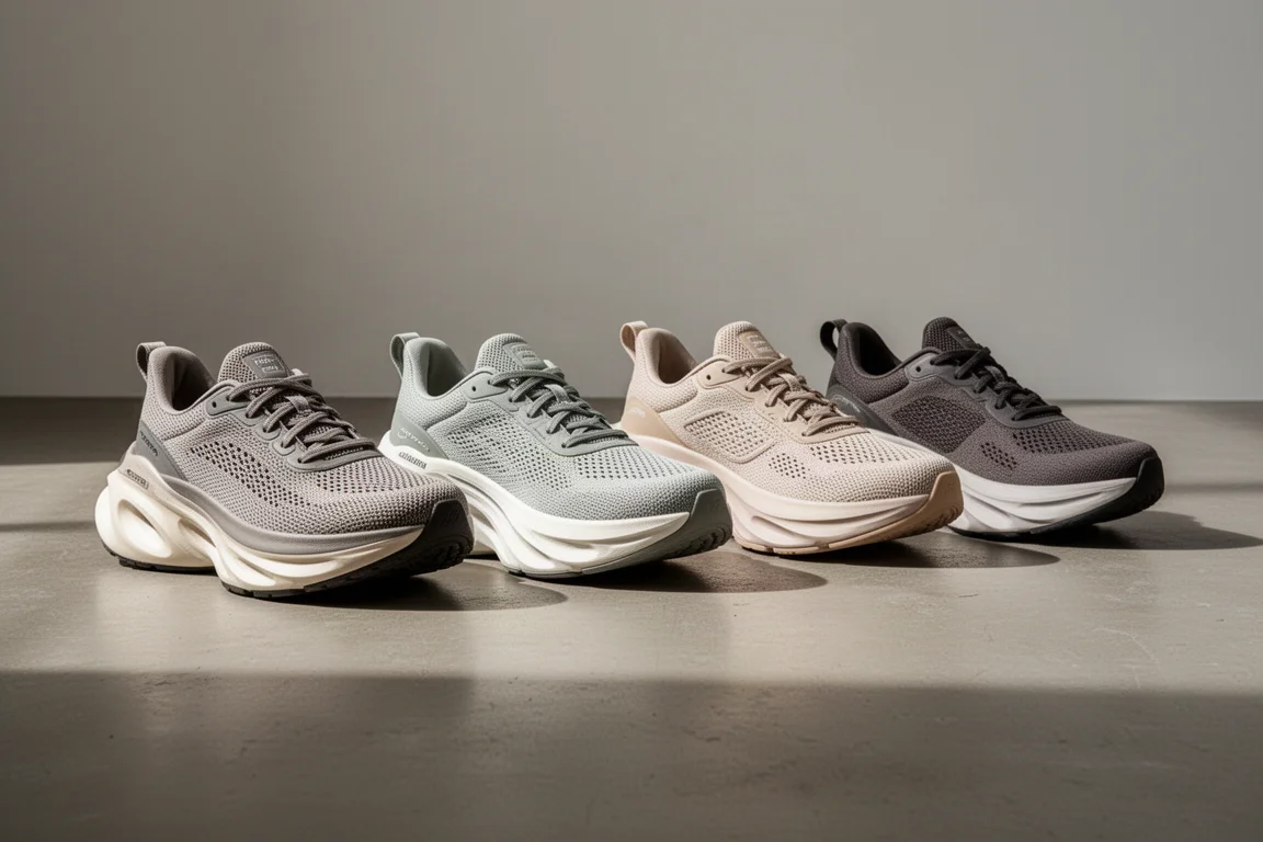 Five max cushion running shoes lined up on a concrete studio floor