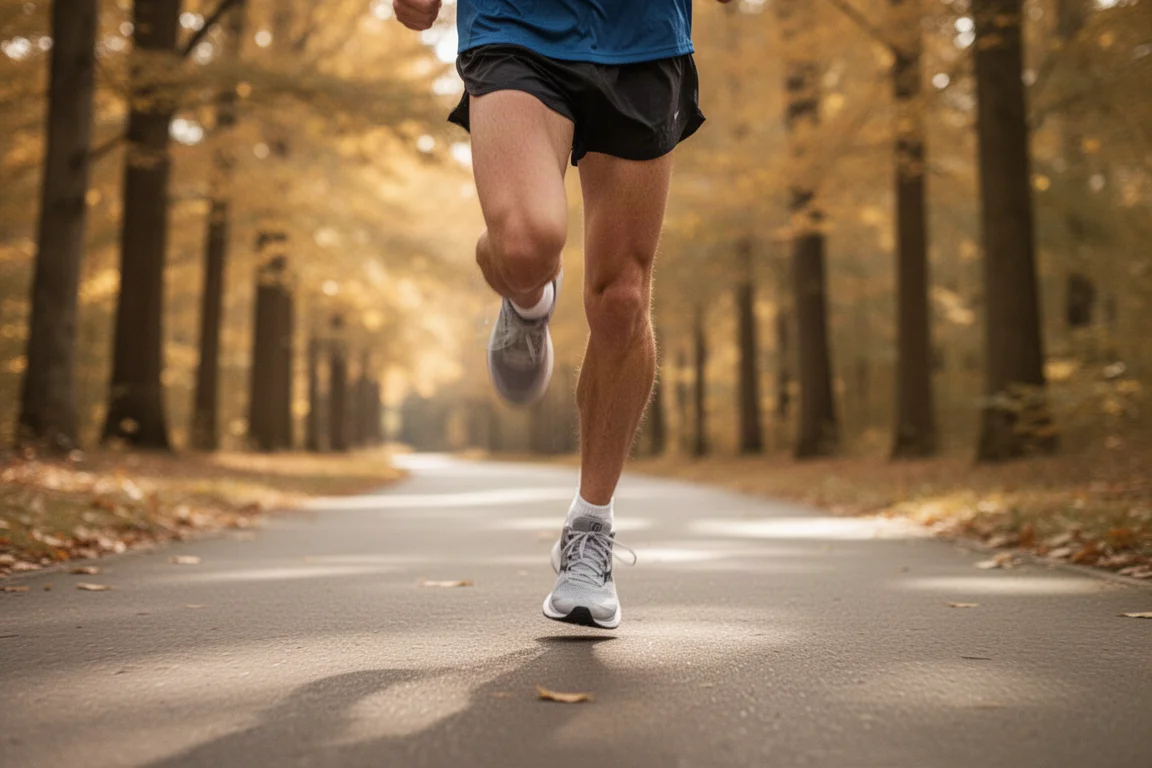 Läufer gleitet bei einem lockeren Langlauf über einen befestigten Trail