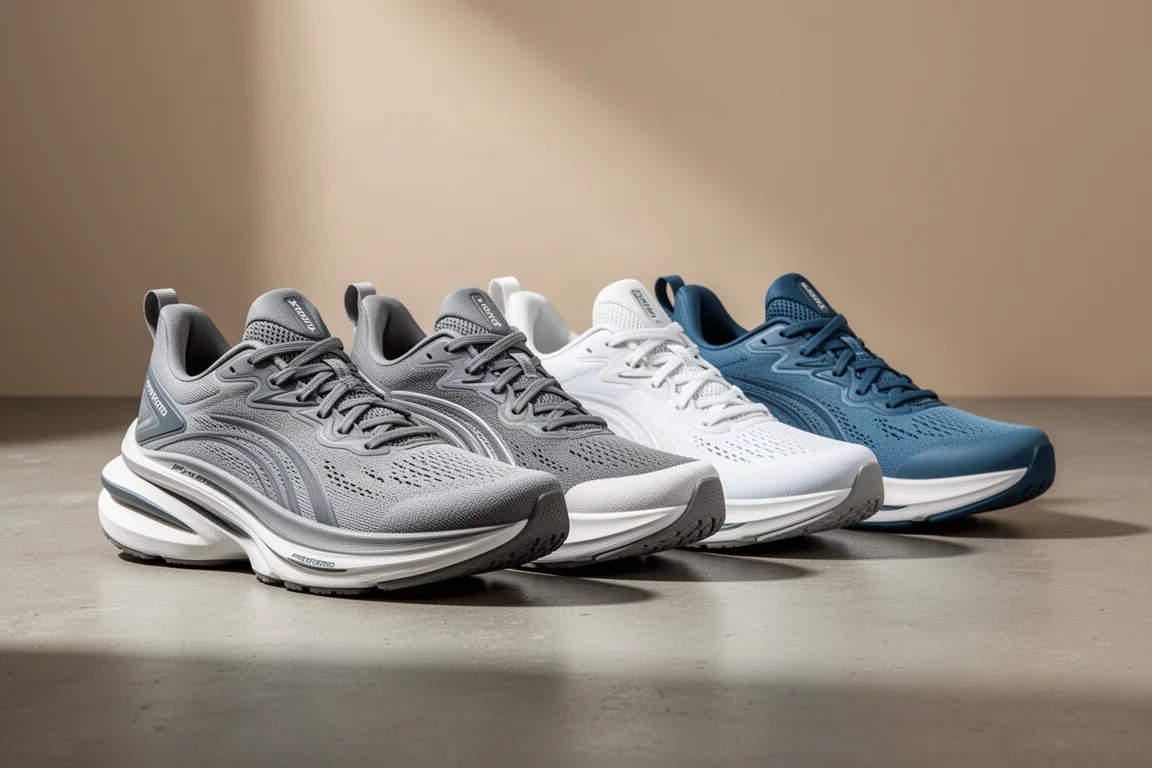 Five max cushion running shoes lined up on a concrete surface