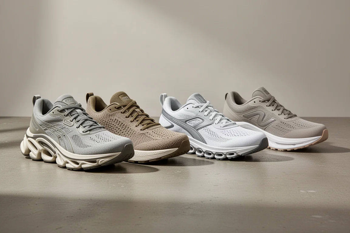 Five max cushion running shoes lined up on a concrete studio surface