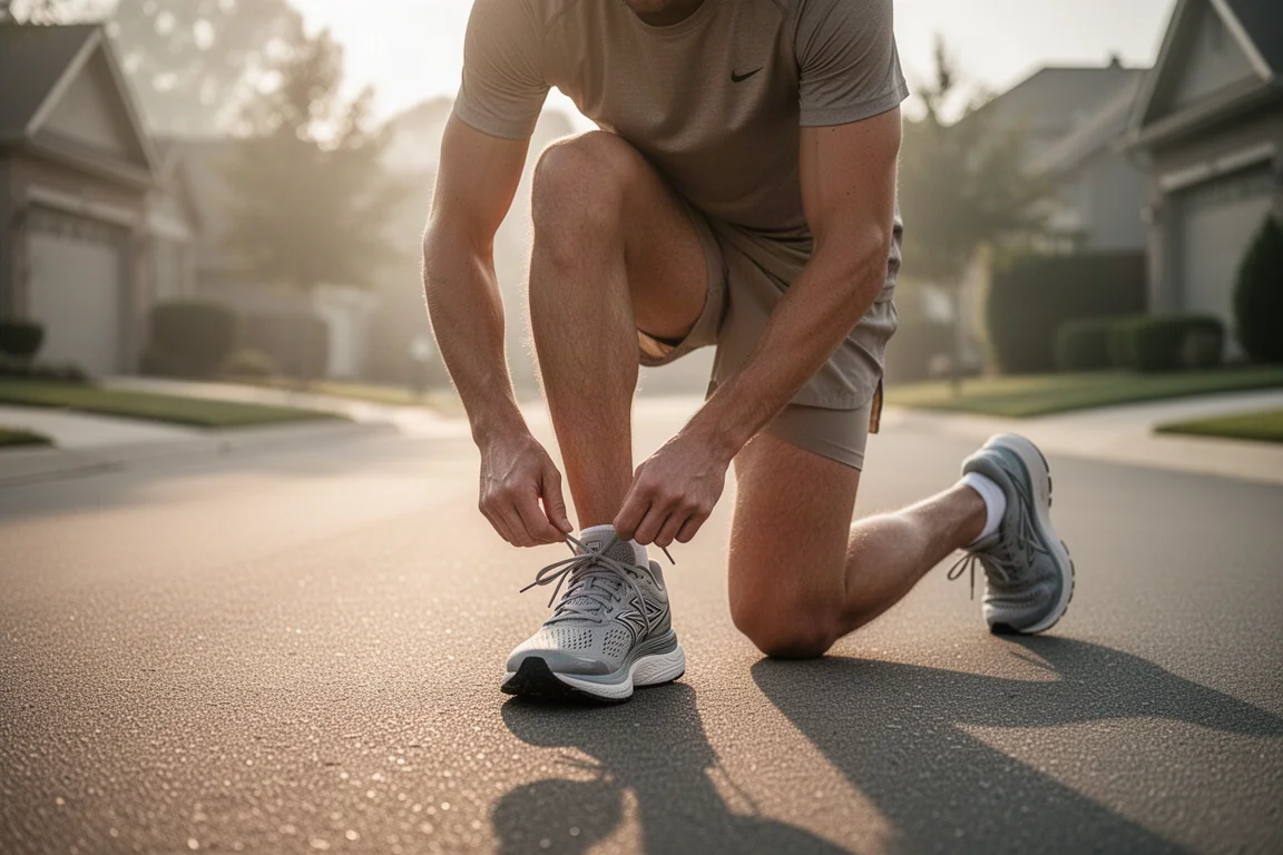 Fila de zapatillas de running modernas de máxima amortiguación con mediasuelos gruesos sobre un suelo de estudio neutro