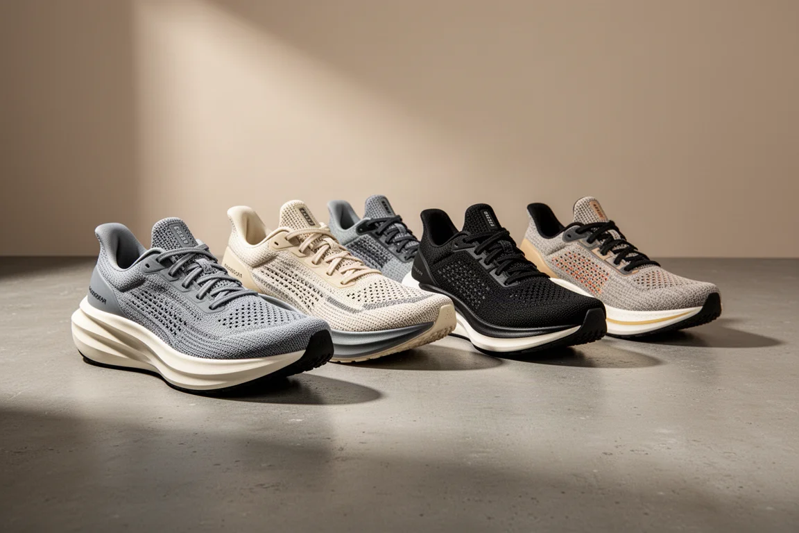 Five tall-stacked max cushion running shoes arranged on a concrete surface