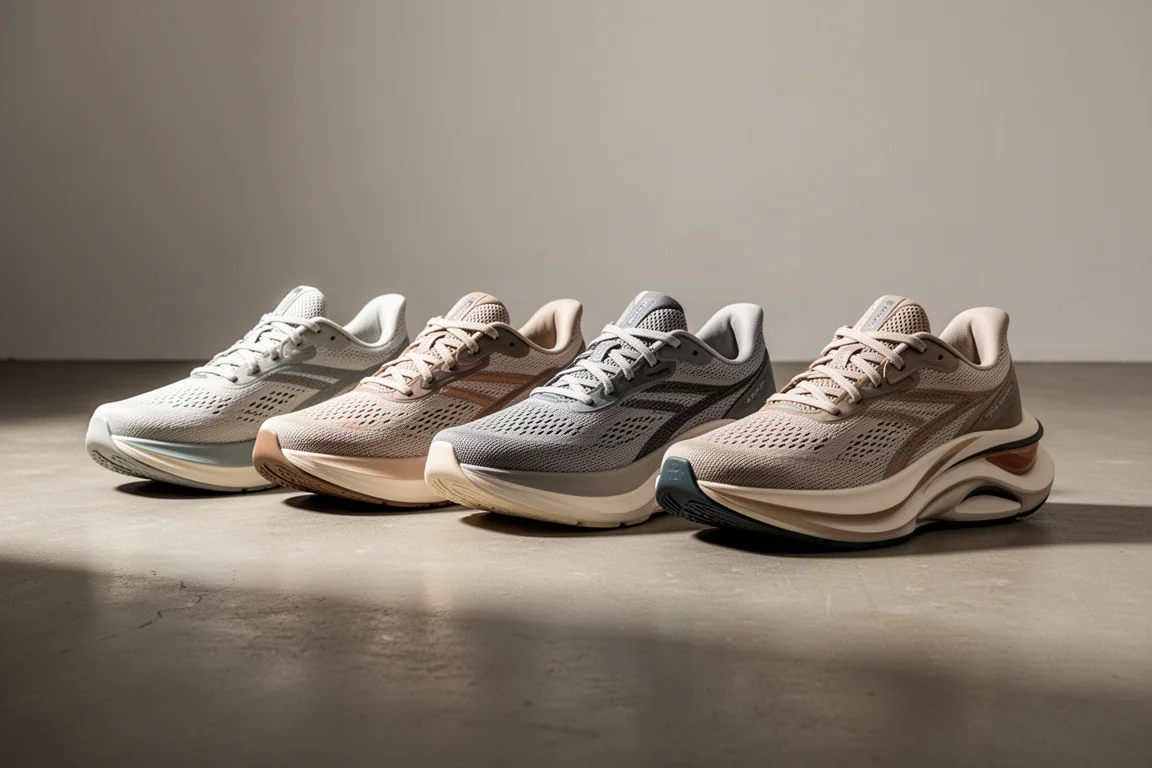 Five modern max cushion running shoes lined up on a concrete floor