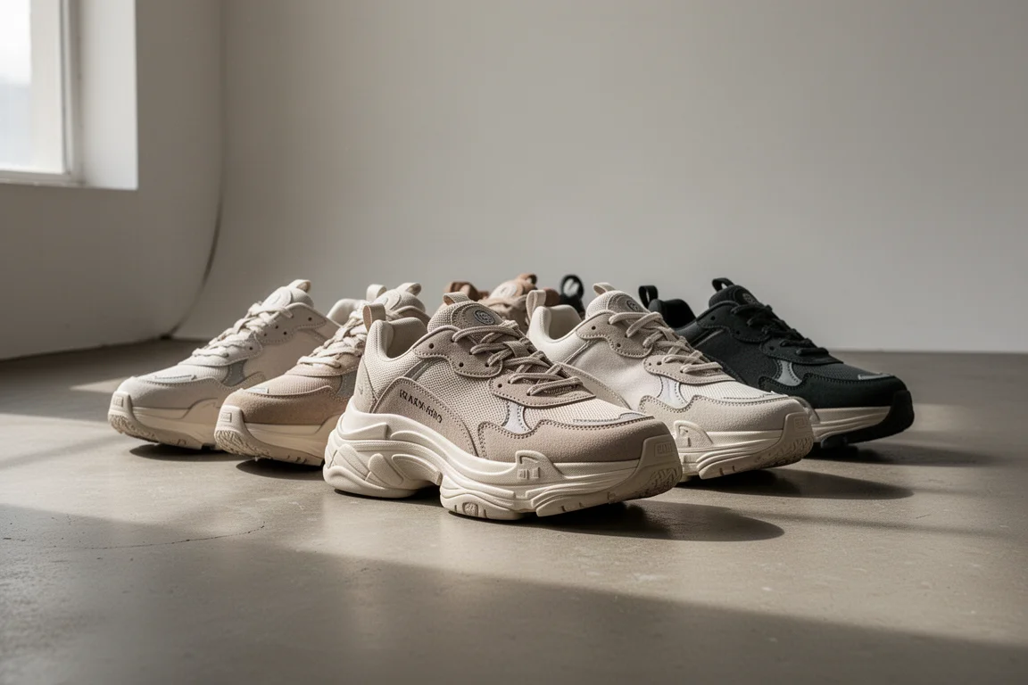 Four max cushion running shoes lined up on a concrete studio floor