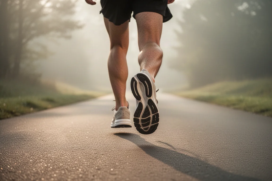 Runner che corre su un tranquillo viale suburbano con scarpe dalla suola molto ammortizzata