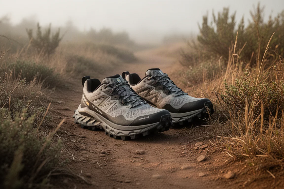 Coppia di scarpe da trail robuste appoggiate su un bordo roccioso del sentiero