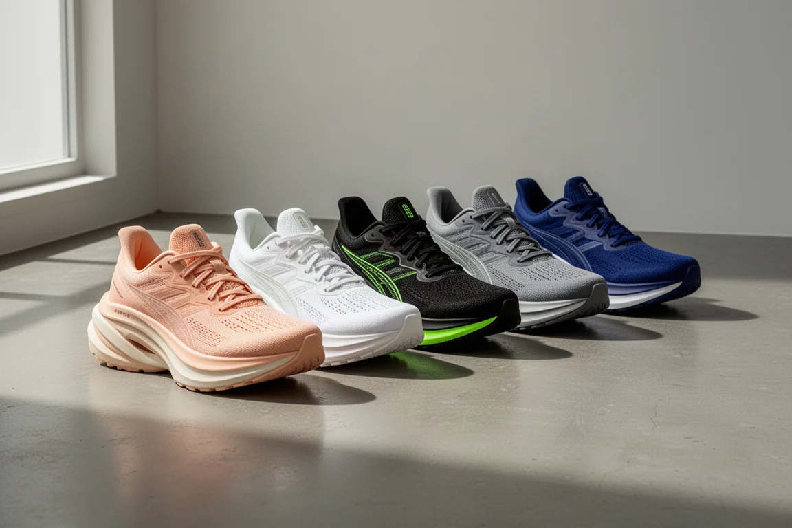 Lineup of five maximal cushion running shoes on a concrete studio floor