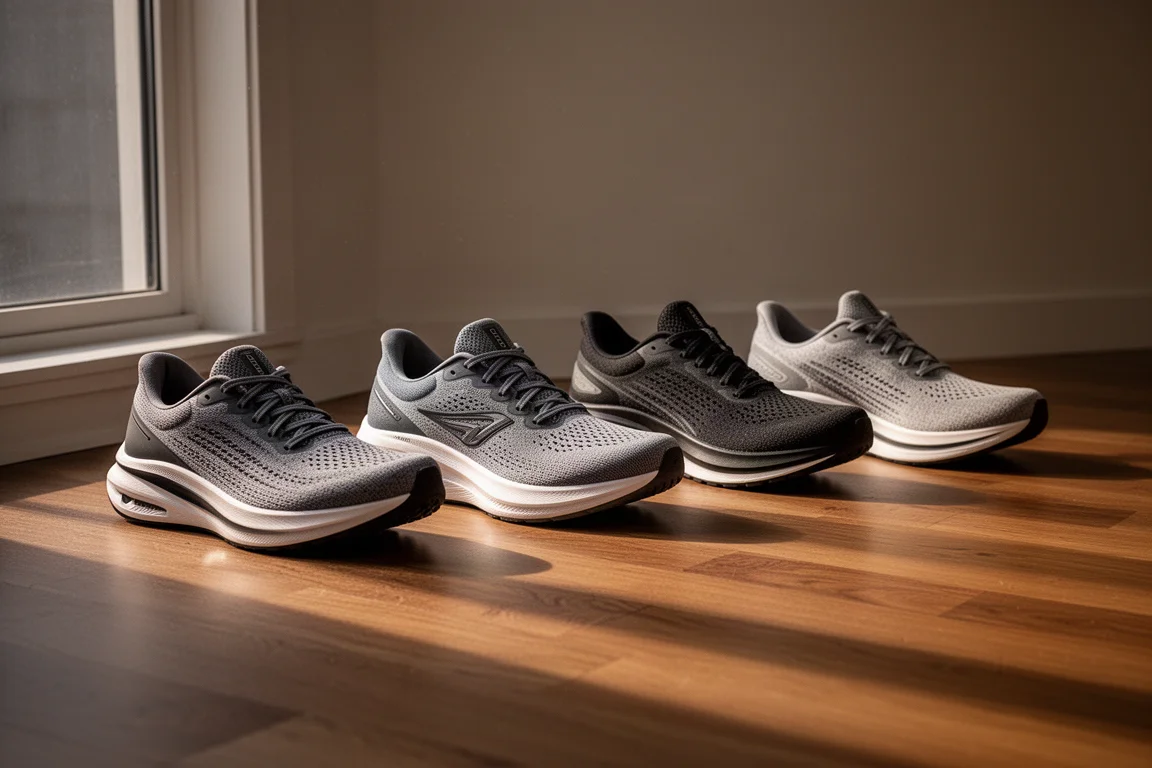 Fünf Laufschuhe nebeneinander im Studio auf dem Boden, Mittelsohlenhöhen im Vergleich