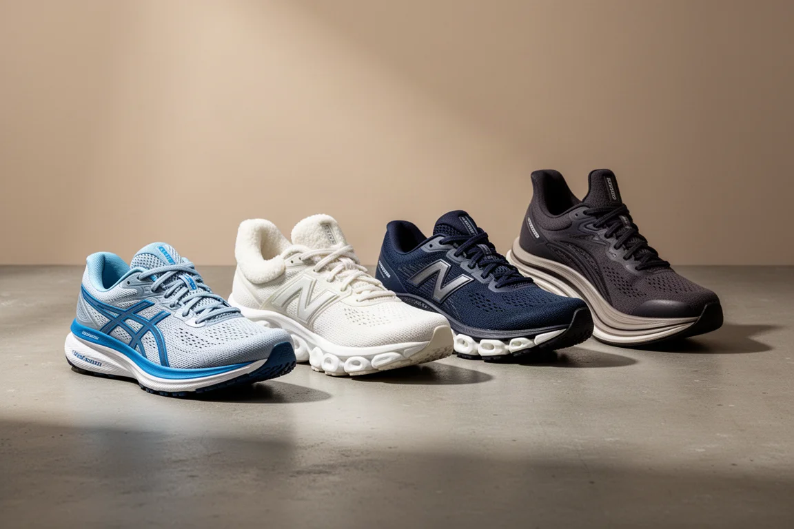 Five high-stack max cushion running shoes arranged on a concrete studio floor