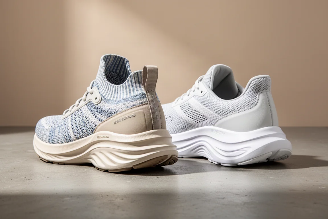 Two max cushion running shoes side by side on concrete