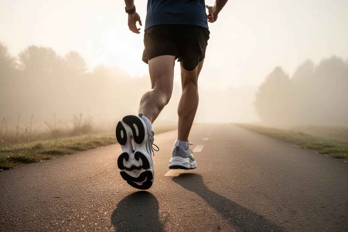 Runner jogging on soft tarmac in plush max cushion shoes at dawn