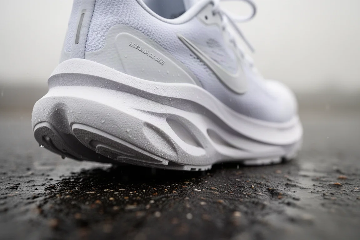Close-up of a thick midsole compressing on a wet road surface
