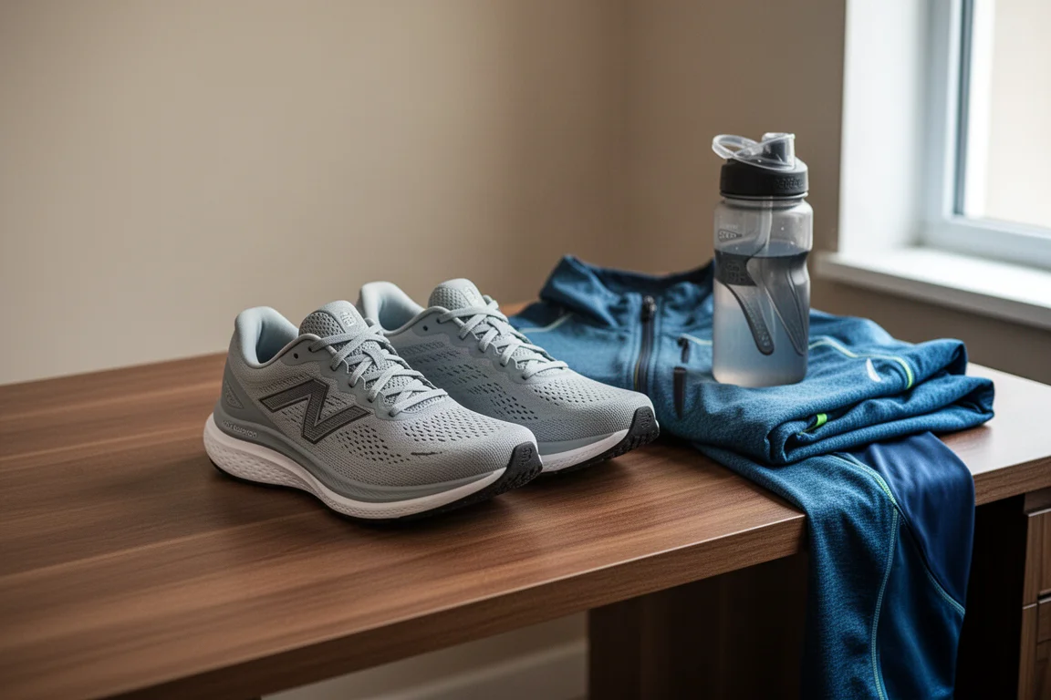 Single pair of running shoes on a desk next to running gear