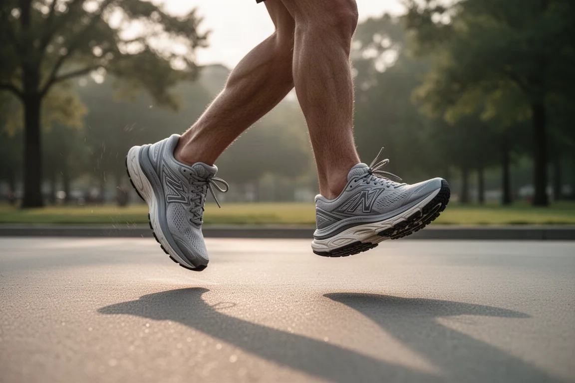 Piedi di un corridore con scarpe a massimo ammortizzazione su un sentiero asfaltato e liscio all'alba