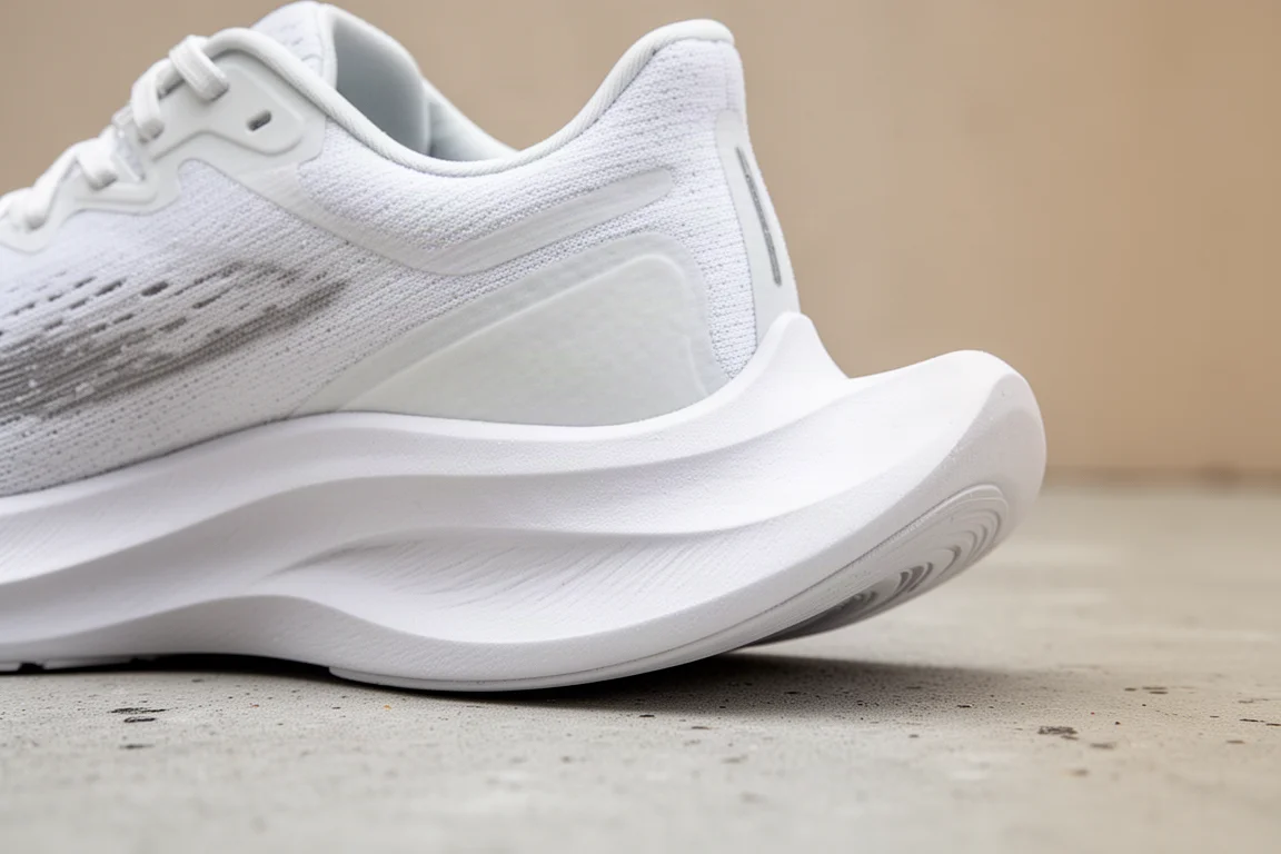 Primo piano di un'inter-suola in schiuma spessa con forma a bascula su una scarpa da running