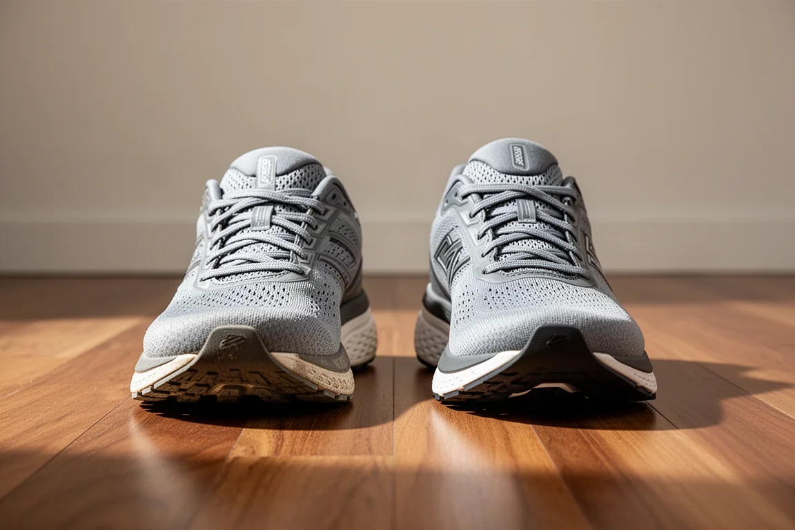 Coppia di scarpe da running affiancate su un pavimento in legno