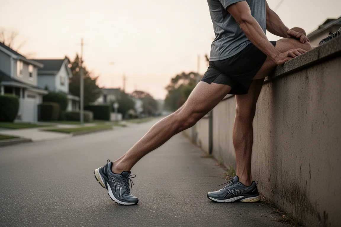 Un runner si allunga dopo una corsa easy su una strada suburbana tranquilla