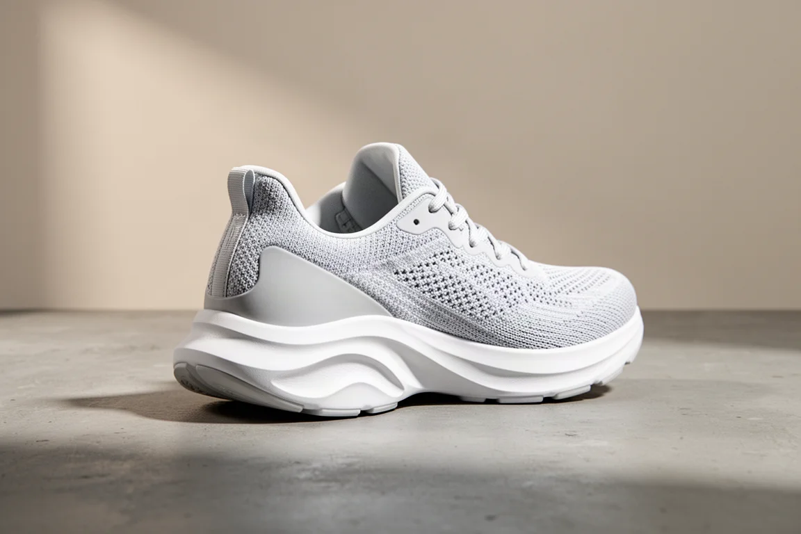 Max cushioned running shoe with thick white foam midsole on concrete surface