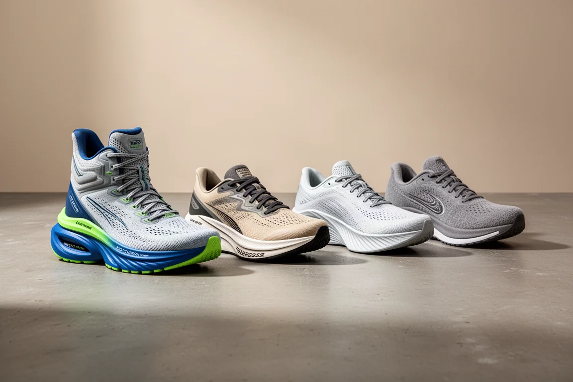 Four max cushion running shoes arranged in a row on a concrete surface