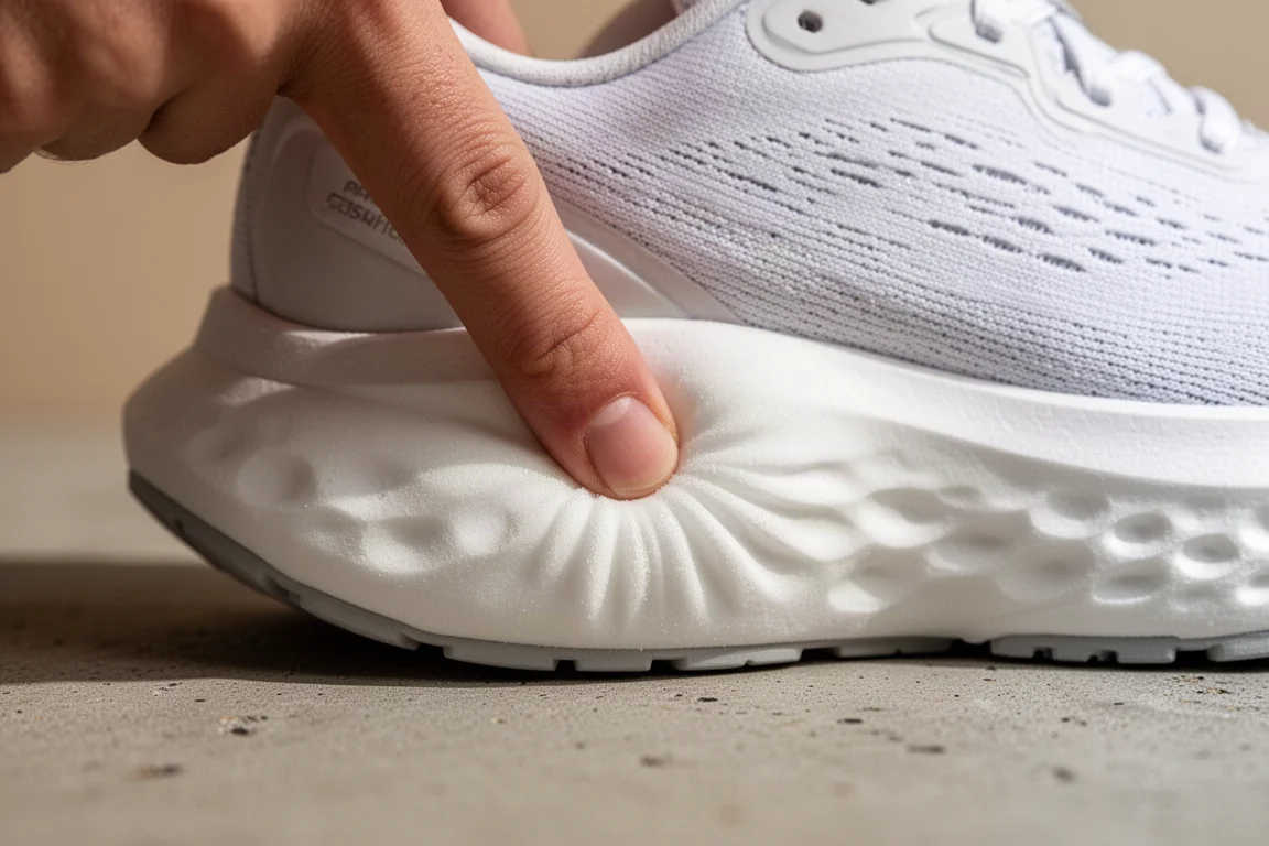 Corredor presionando con el pulgar la gruesa entresuela de una zapatilla de máxima amortiguación