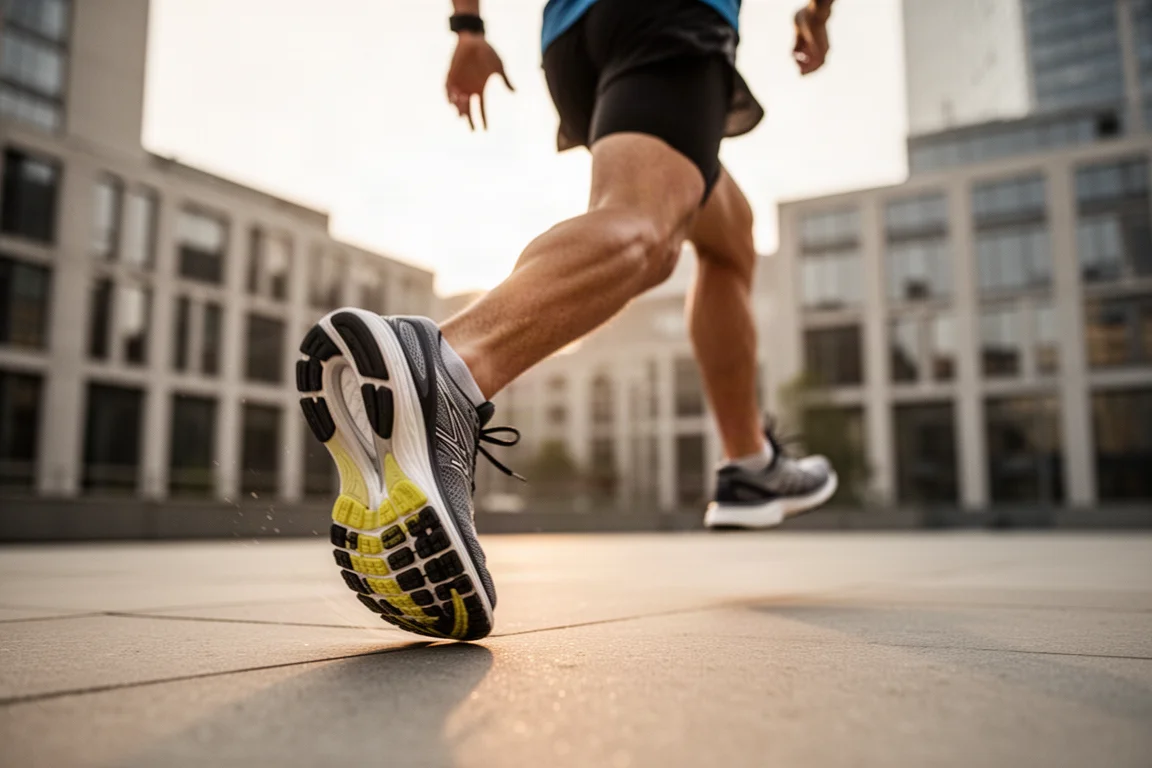 Corredor acelerando sobre pavimento liso con una zapatilla equilibrada para entrenamientos diarios