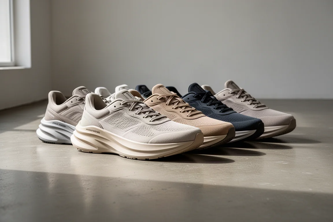 Lineup of max cushion running shoes with thick midsoles on concrete
