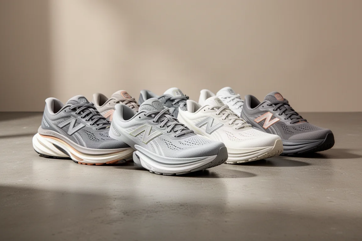 Six max cushion running shoes with thick midsoles lined up on concrete