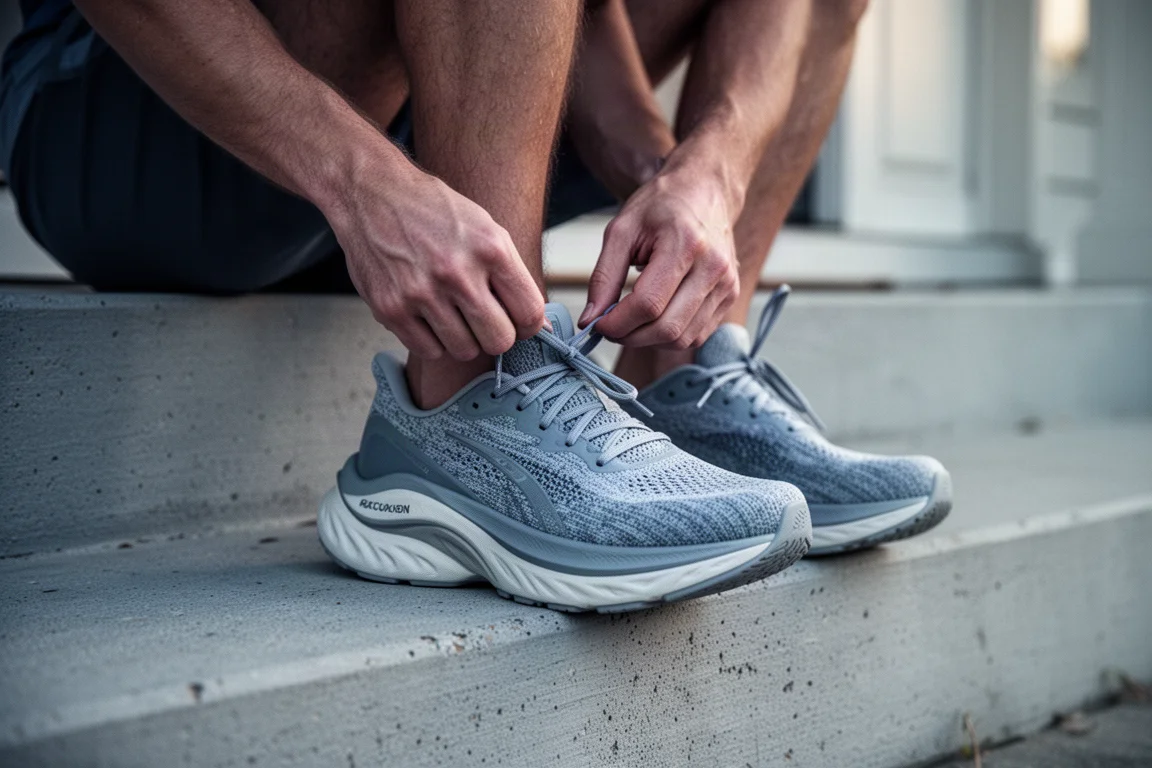 Läufer schnürt draußen im sanften Morgenlicht einen Max-Cushion-Laufschuh mit dicker Sohle