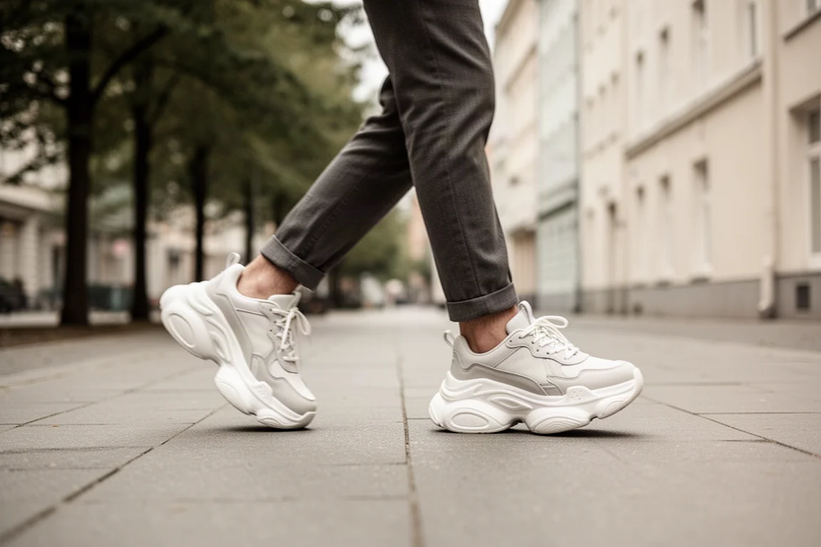 Person geht auf einem gepflasterten Stadtbürgersteig in kompakten, stark gedämpften Schuhen