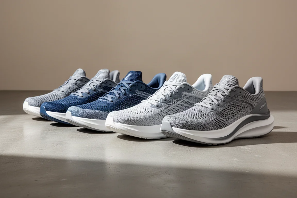 Six max cushion running shoes lined up in a row on a concrete surface