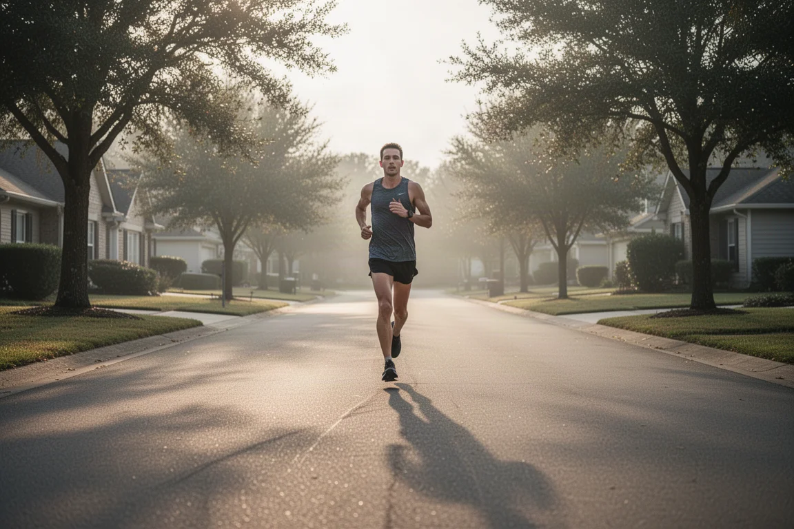 Runner stacking easy miles on quiet suburban roads in soft morning light