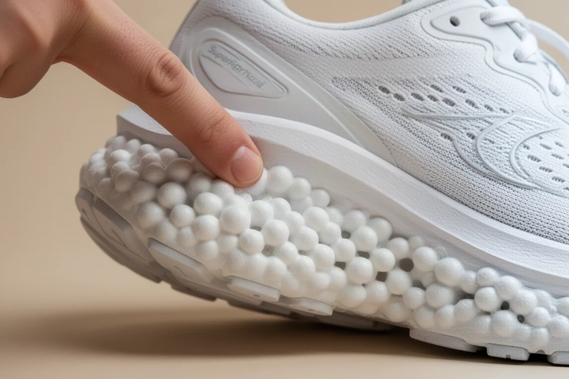 Close-up of a thick white midsole compressing under thumb pressure
