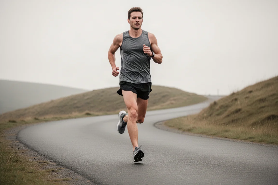Runner cruising through a steady zone-3 effort on a rolling road