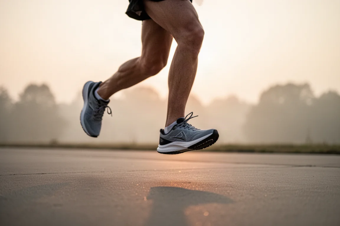 Runner landing softly on tired legs during an easy recovery run at dusk