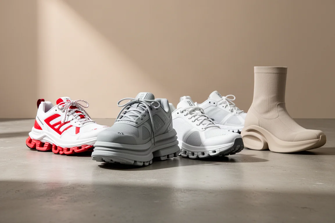 Quattro scarpe running massimaliste allineate su una superficie di cemento