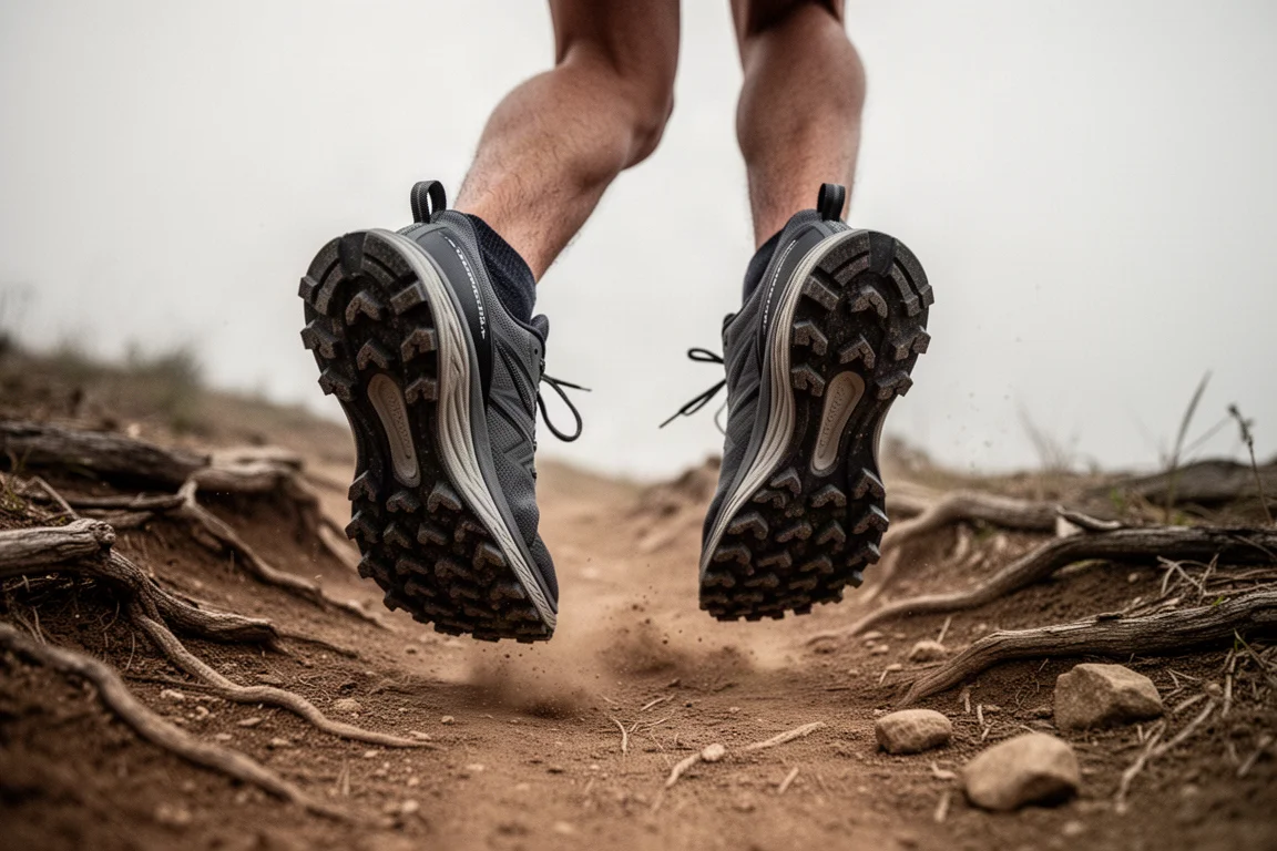 Trail runner's feet in chunky cushioned trail shoes on a dry dirt path