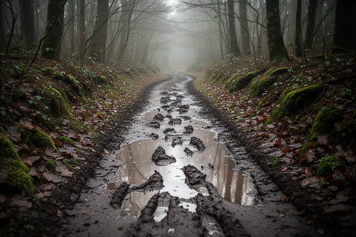 Wet muddy trail with footprints under overcast light
