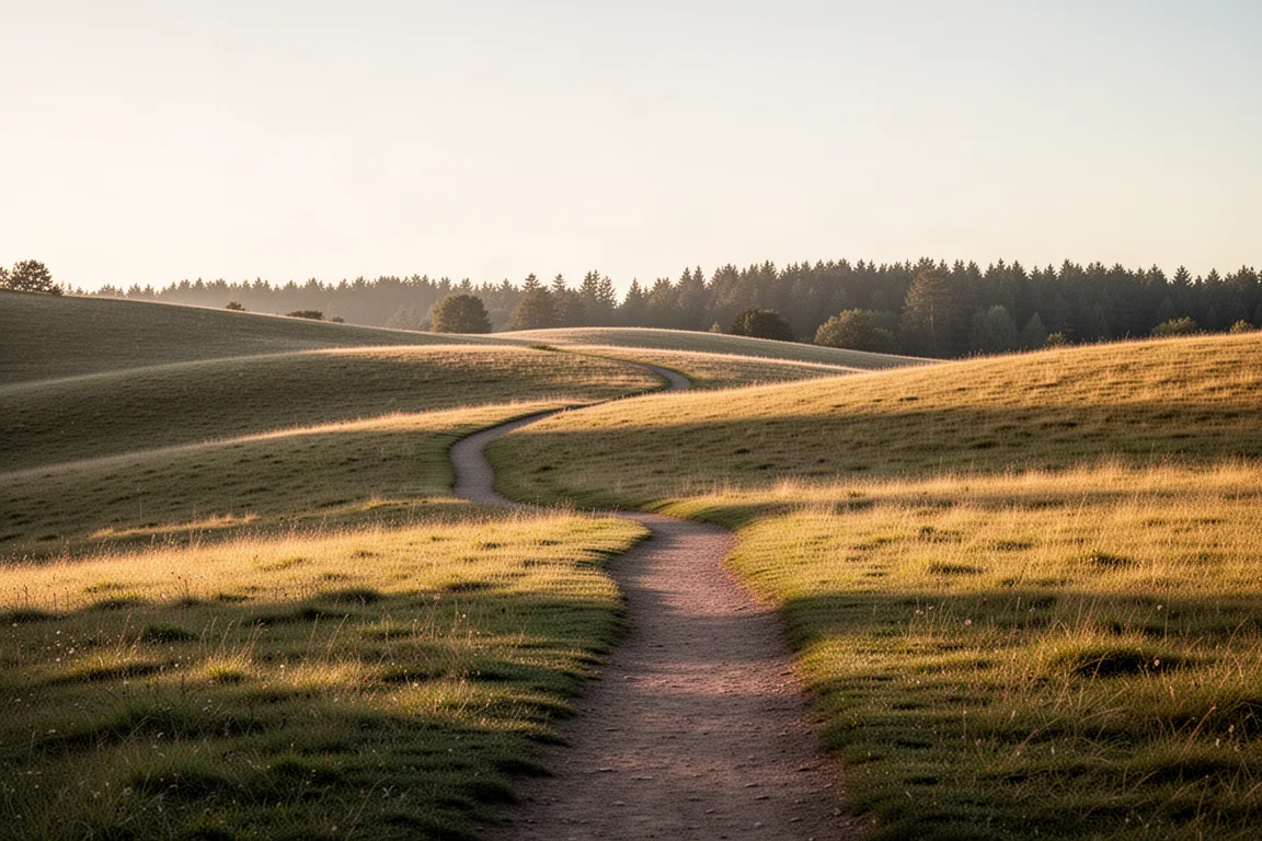 Rolling trail terrain winding through open hillside at golden hour