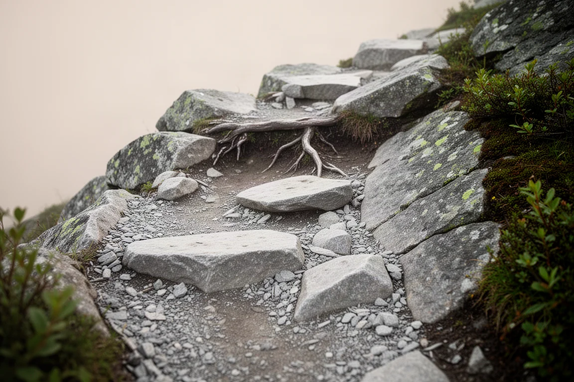 Technical rocky trail section with uneven terrain in soft daylight