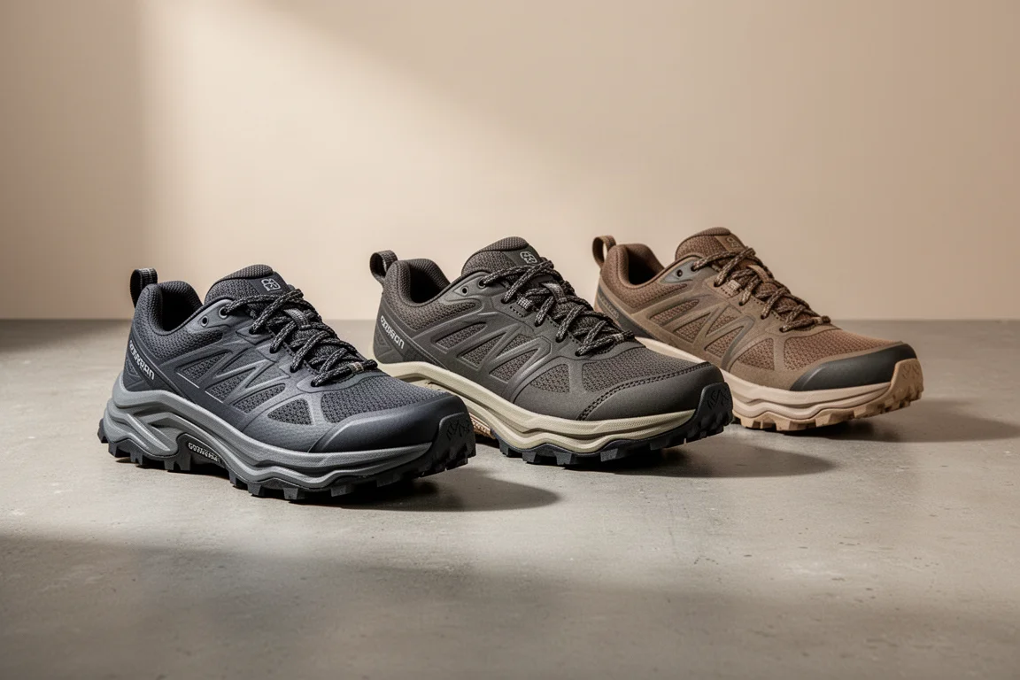 Four chunky max cushion trail running shoes arranged on a concrete surface