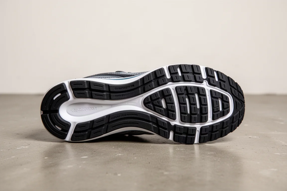 Gros plan sur une semelle extérieure en caoutchouc pleine longueur d'une chaussure de running