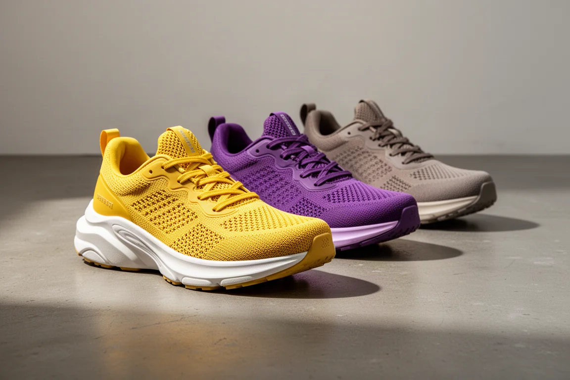 Vier maximal gedämpfte Laufschuhe in einer Reihe auf einem Betonstudiofußboden