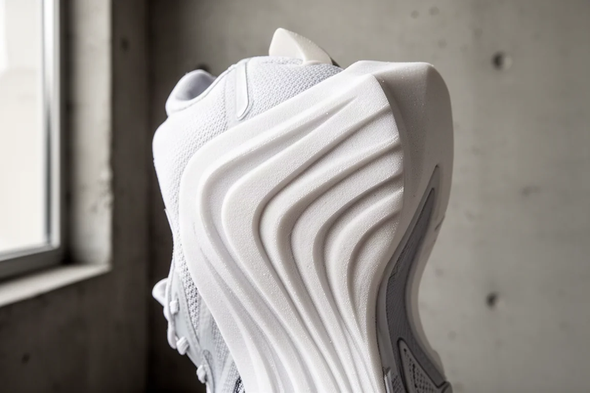 Close-up of a tall soft foam midsole on a running shoe