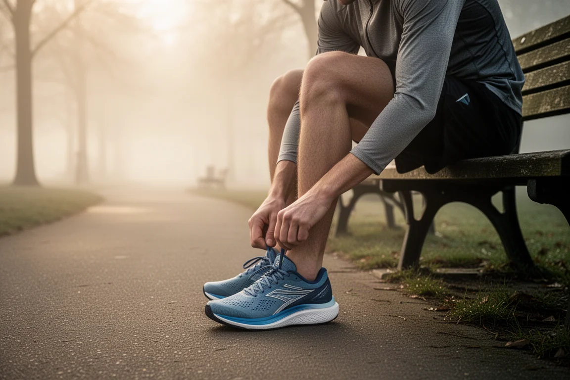 Runner lacing up a max-stack trainer on a morning path