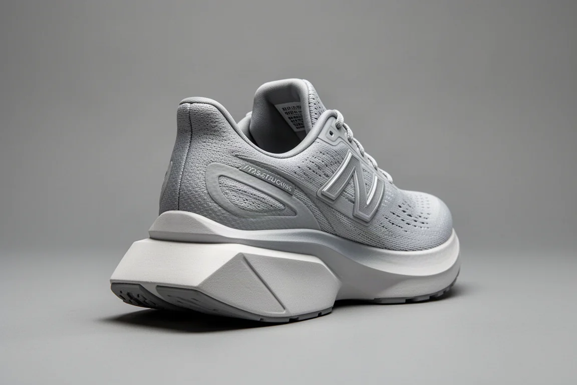 Wide base of a max-stack shoe viewed from the heel