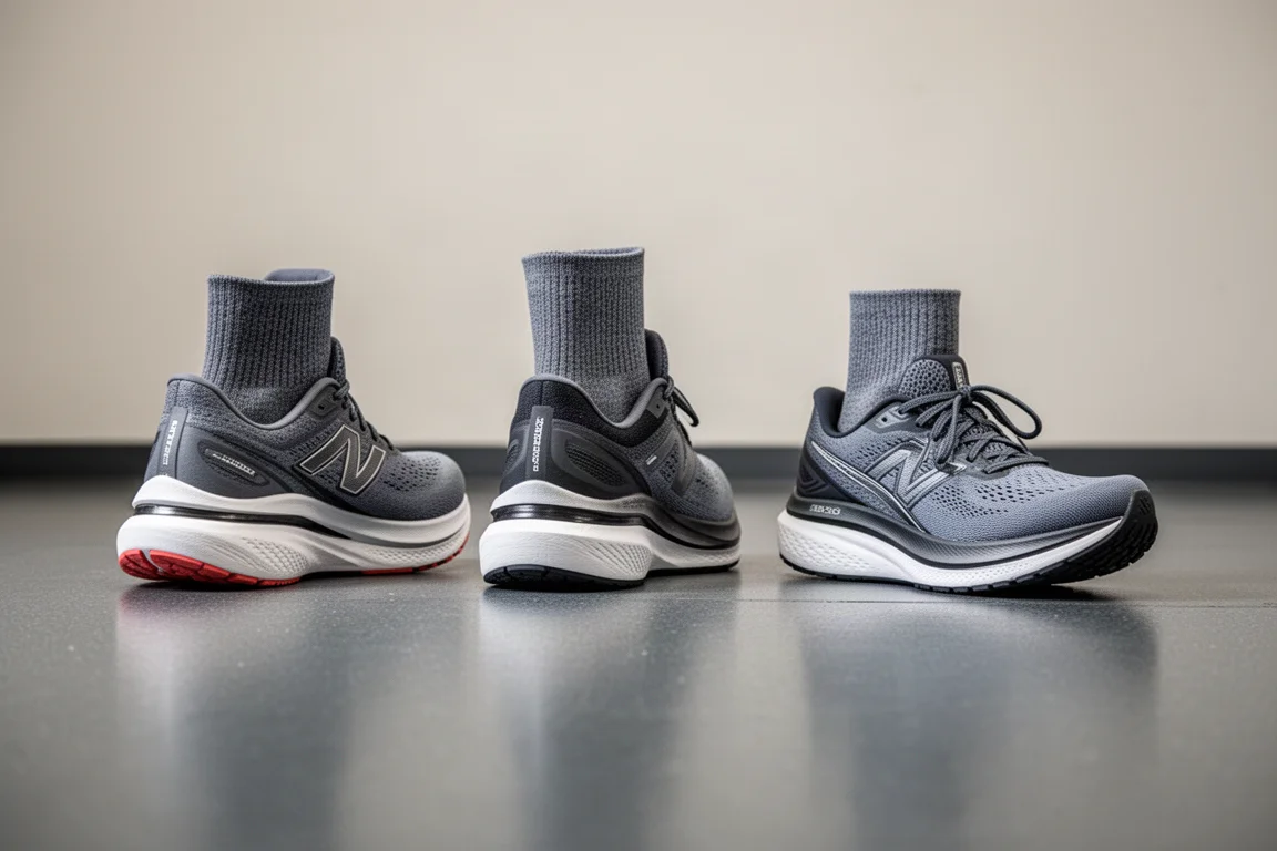 Three running shoes lined up on a gym floor